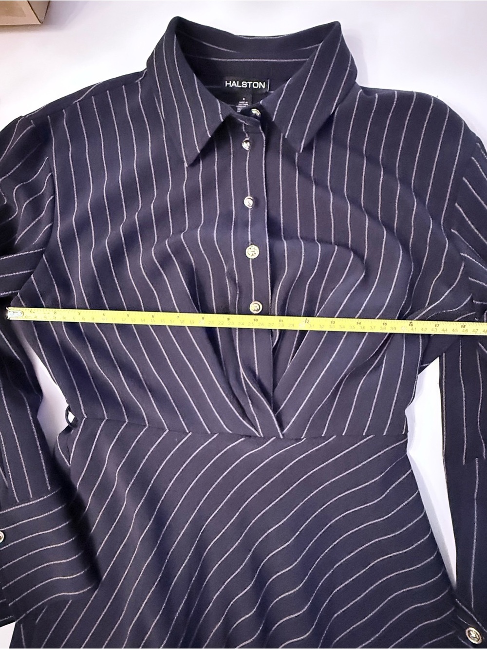 Halston Navy Pinstripe Twist Front Shirt Dress Career Office Midi Size 6 - Picture 12 of 14